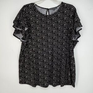 Adrianna Papell Womens XL Pullover Pleated Knit Top Blouse Black White Dot Print